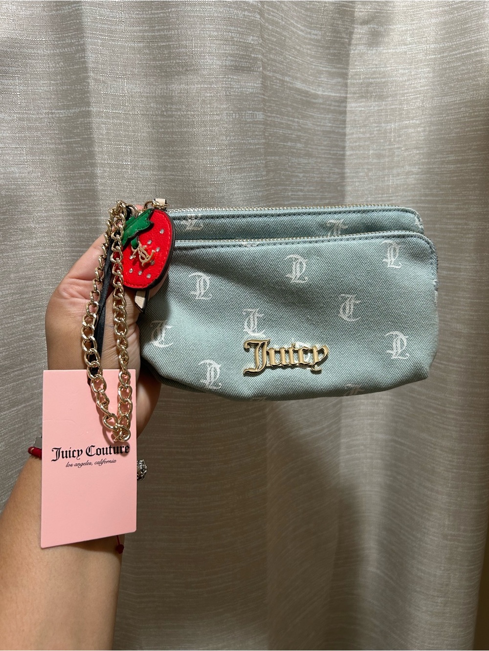 Juicy Couture Light Blue Monogram Cosmetic Wristlet with Strawberry Charm